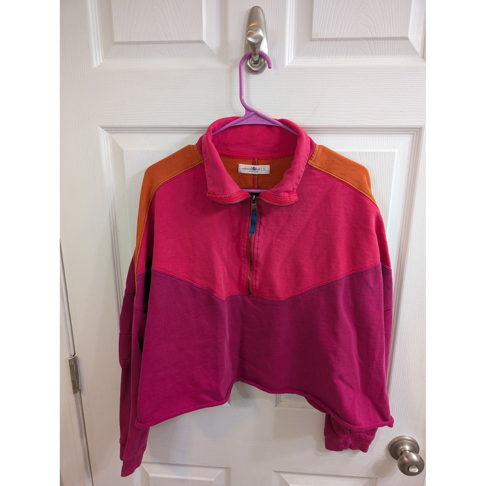 Natural Life Jess 1/4 Zip Pullover Women Pink Orange Colorblock Cropped - Size S